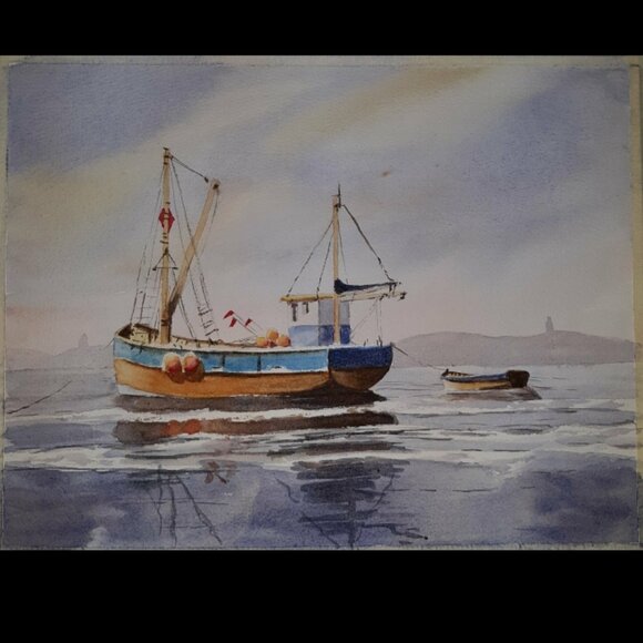 Original watercolor painting Fishing Boat.